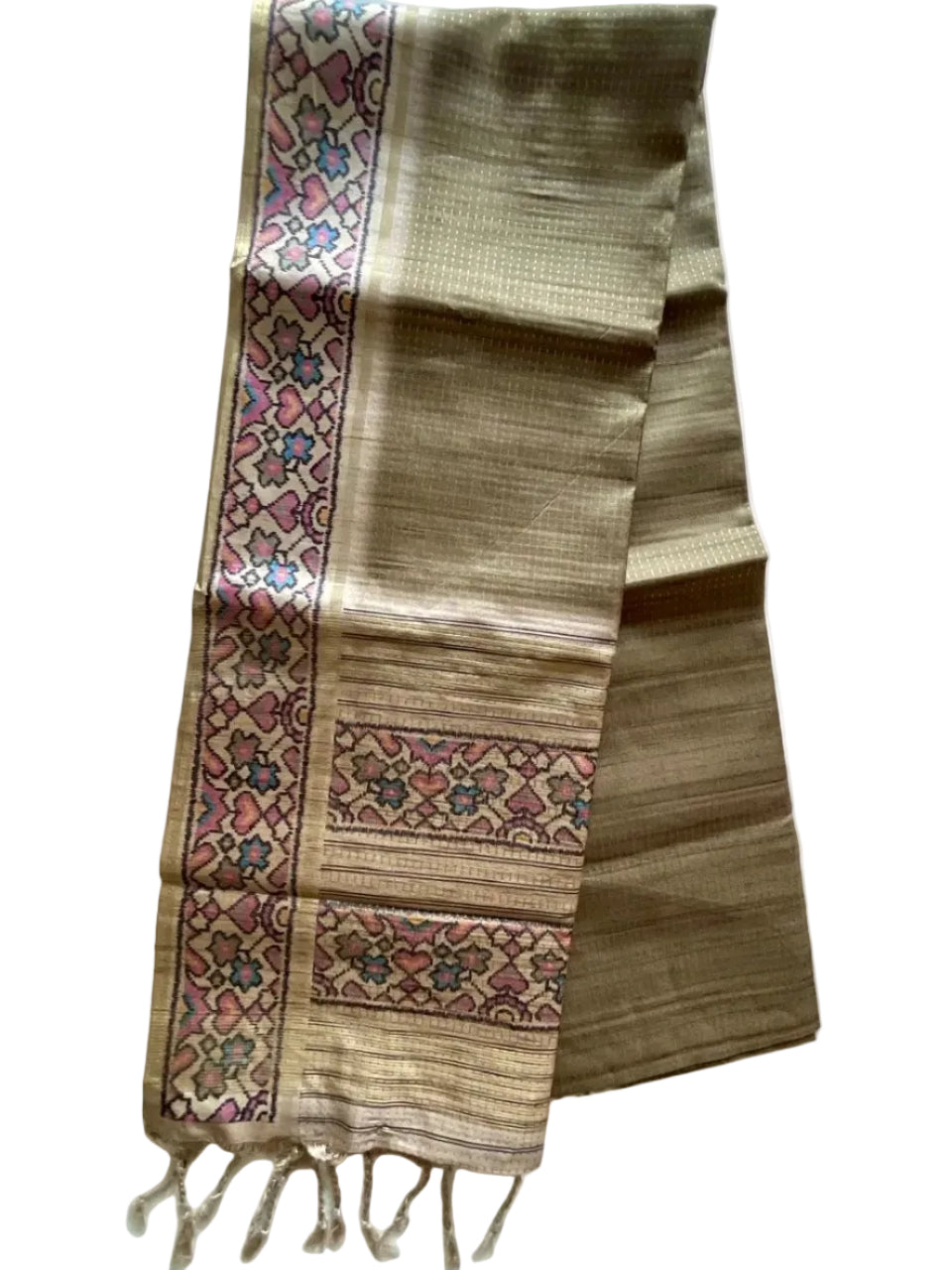 Beige Tussar Silk Saree with Gold Kantha Dot Weave & Multicolour Floral Border
