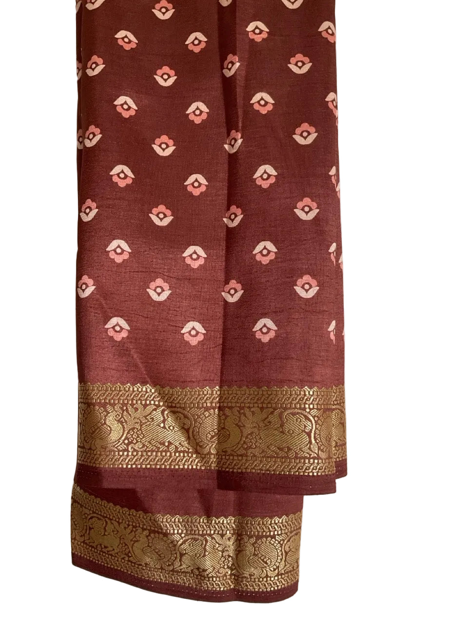 Brown Silk Saree with White Floral Paisley Butis & Terracotta Scrollwork Pallu