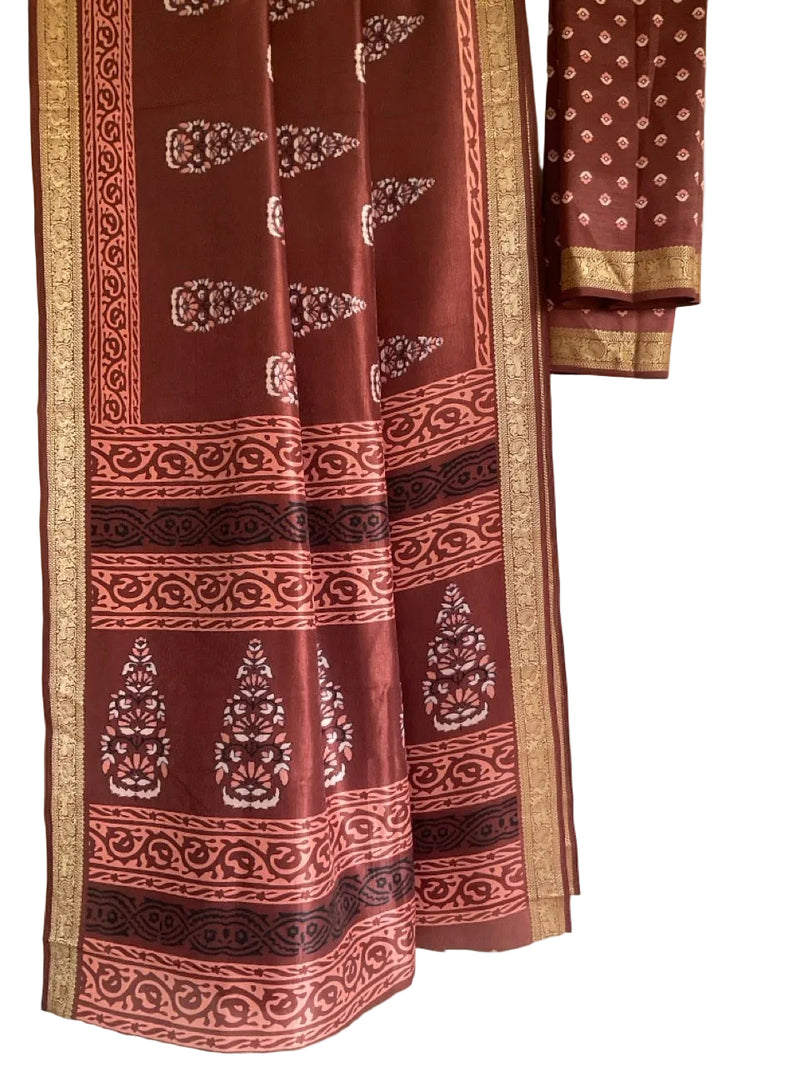 Brown Silk Saree with White Floral Paisley Butis & Terracotta Scrollwork Pallu