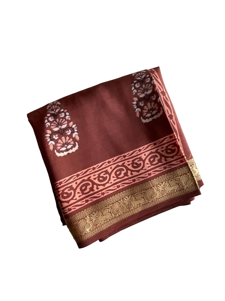 Brown Silk Saree with White Floral Paisley Butis & Terracotta Scrollwork Pallu
