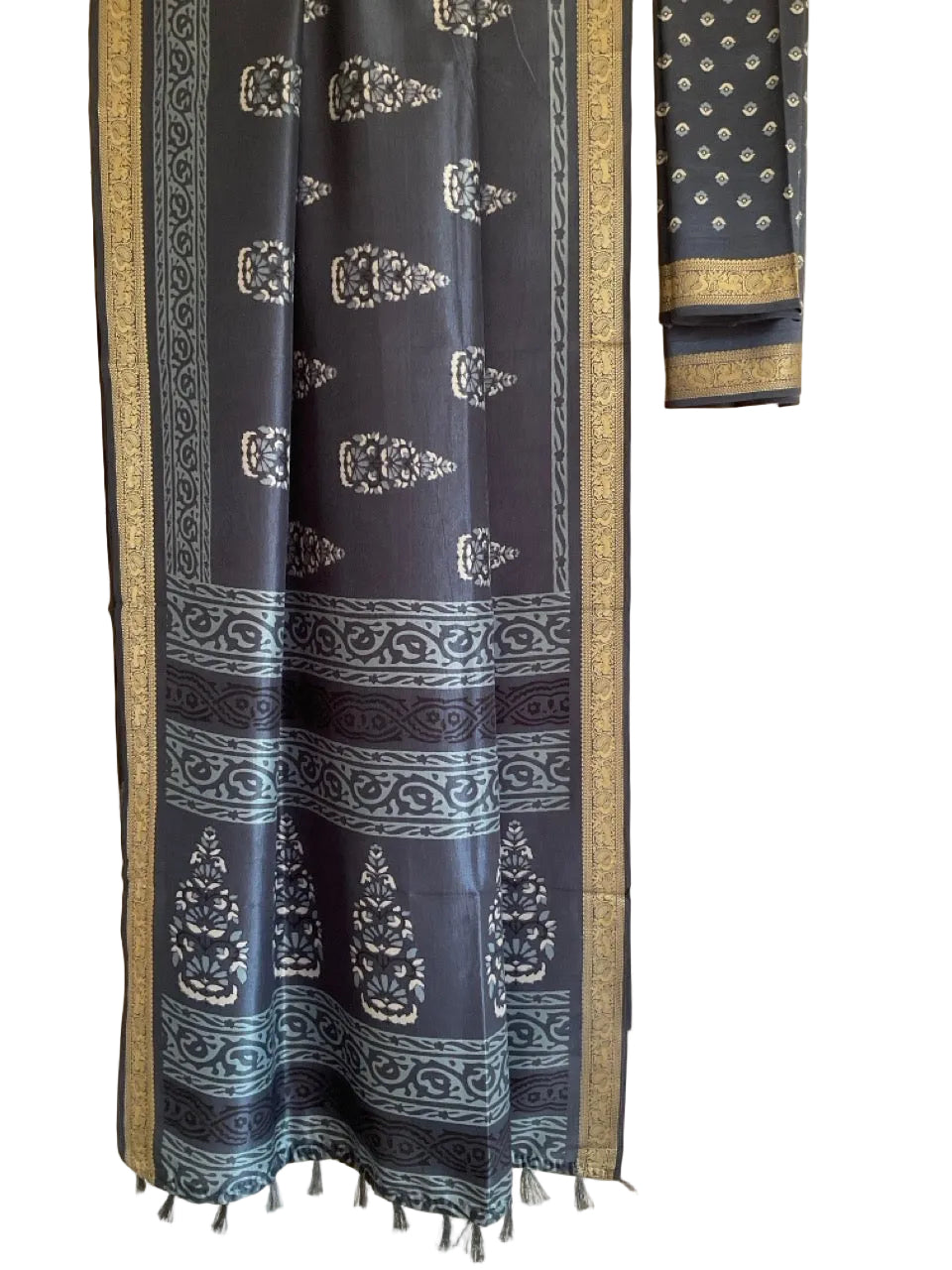 Blue Silk Saree with White Floral Kalash Butis & Gold Peacock Zari Border