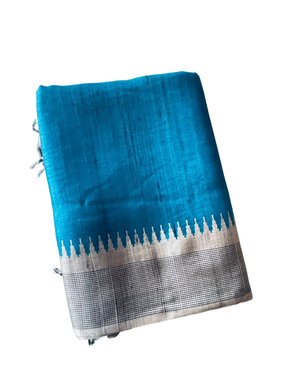 Blue Tussar Silk Saree with Natural Beige Pallu & Temple Border