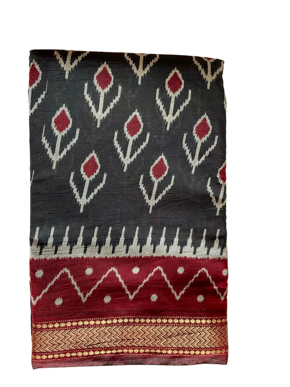 Aariyaa Black & Maroon Ikat Saree with Gold Border