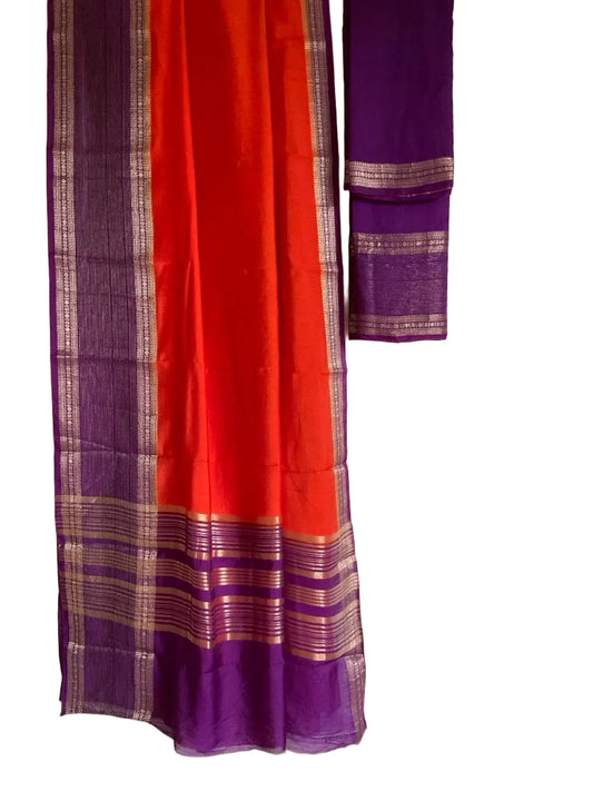 Orange Assam Silk Saree with Purple Zari Border