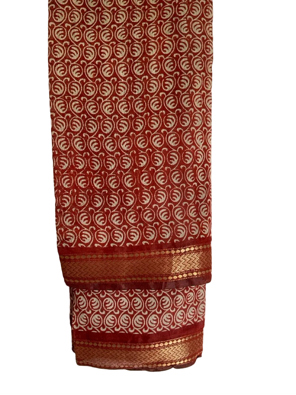 Orange Ajrakh Cotton Saree with Geometric Medallion Print & Elephant Motifs