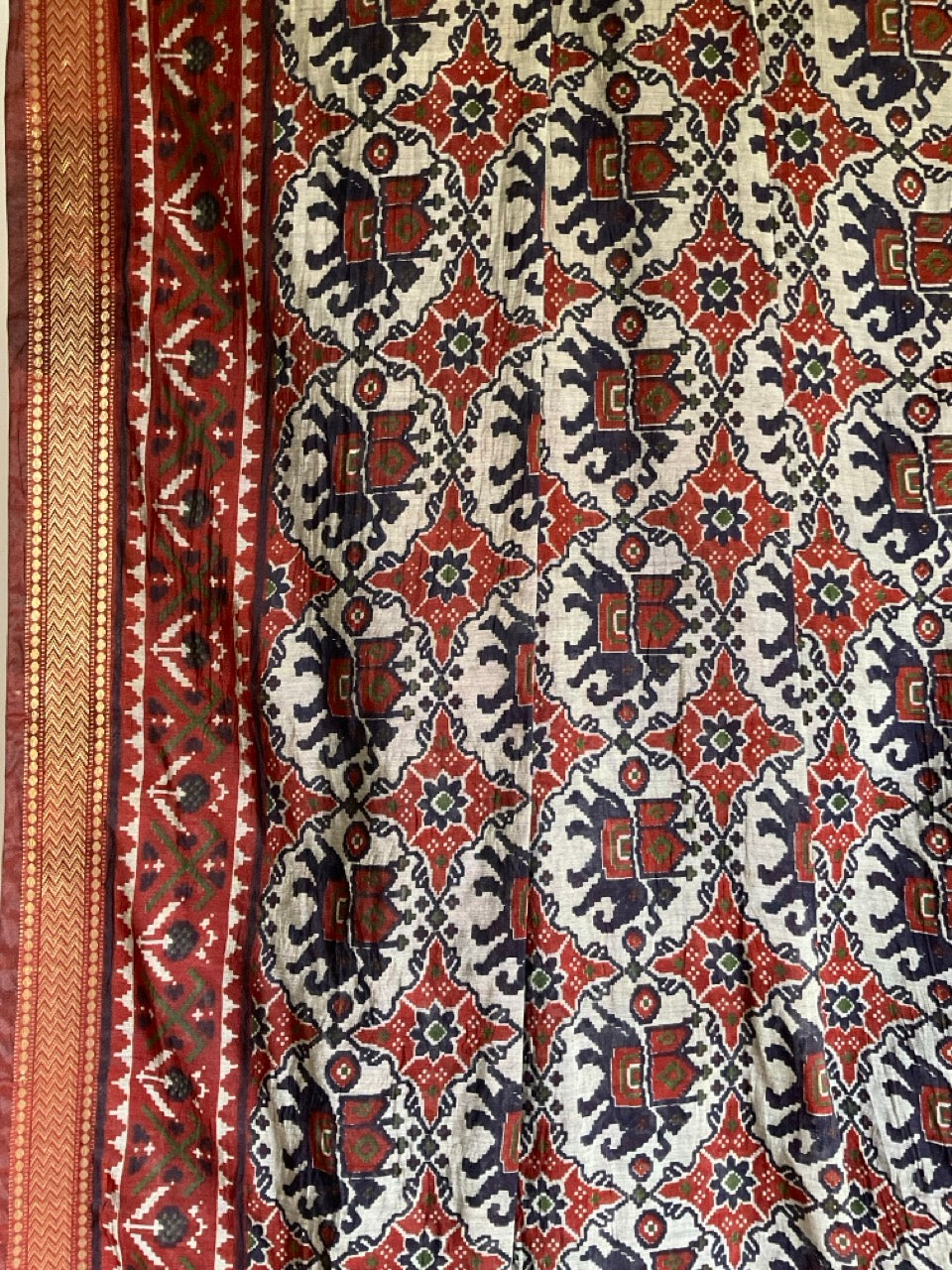 Orange Ajrakh Cotton Saree with Geometric Medallion Print & Elephant Motifs