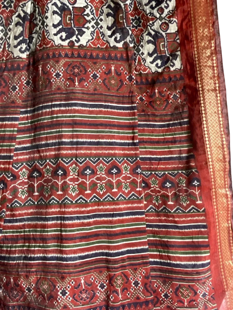 Orange Ajrakh Cotton Saree with Geometric Medallion Print & Elephant Motifs