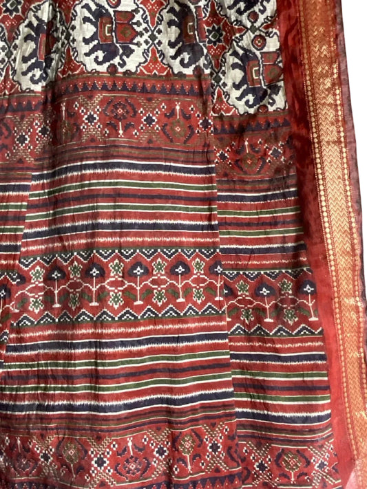 Orange Ajrakh Cotton Saree with Geometric Medallion Print & Elephant Motifs