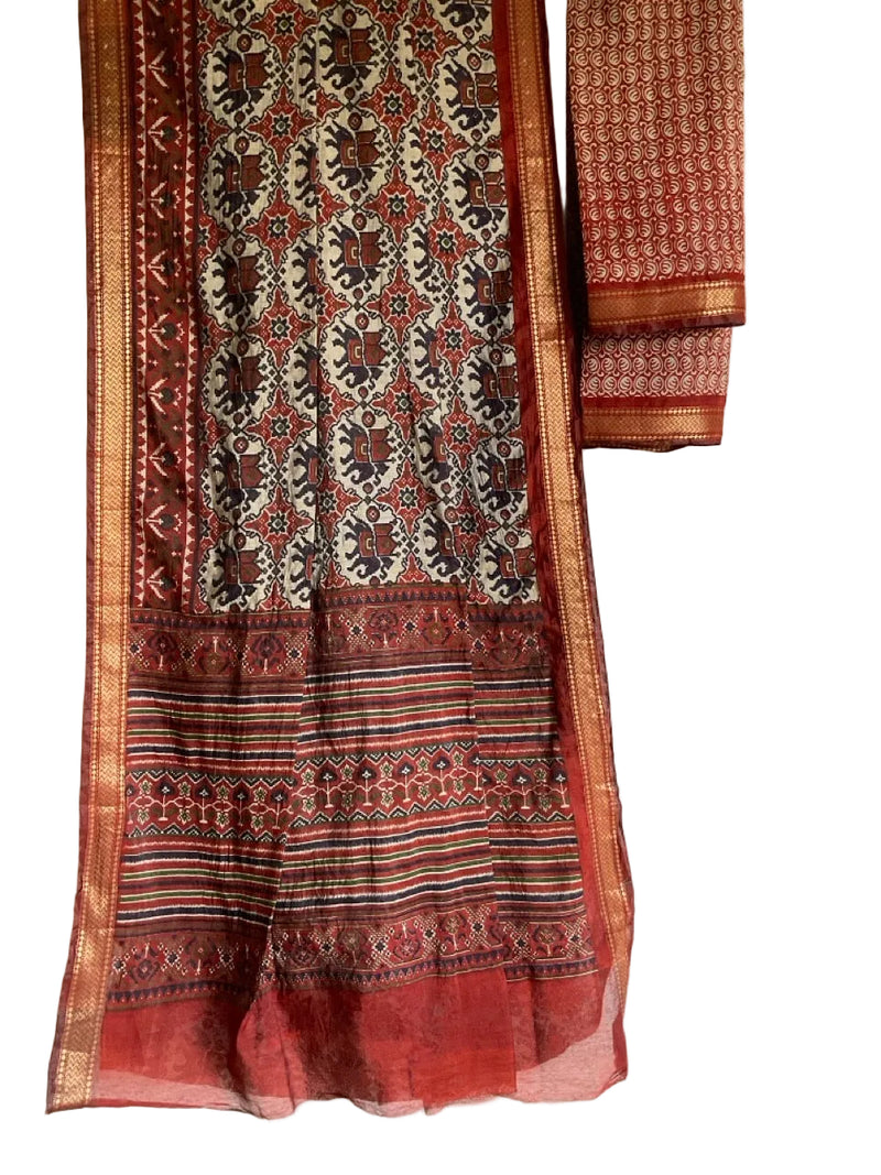 Orange Ajrakh Cotton Saree with Geometric Medallion Print & Elephant Motifs