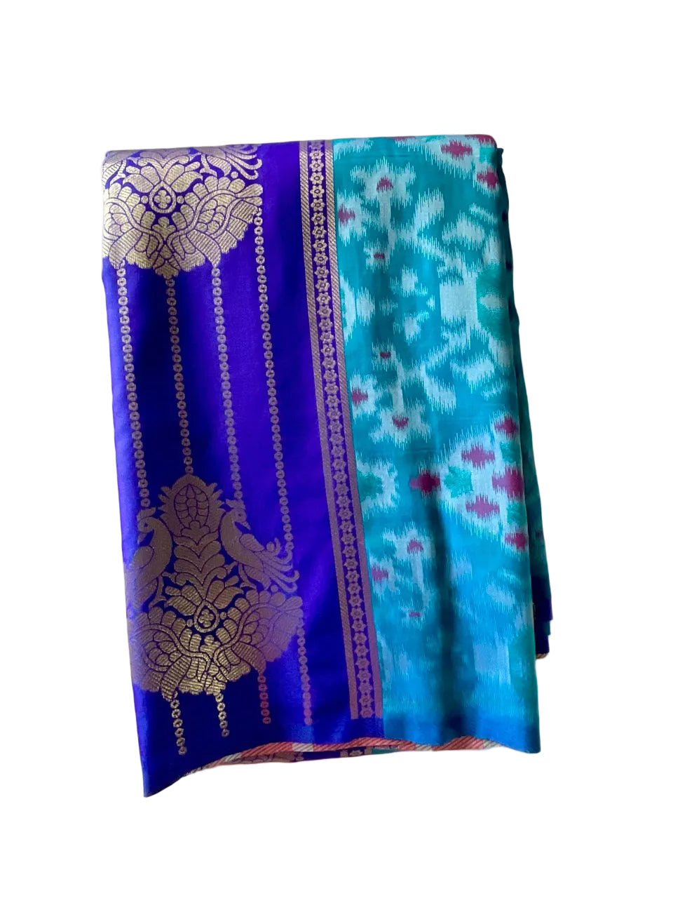 Teal & Purple Patola Silk Saree with Gold Zari Peacock
