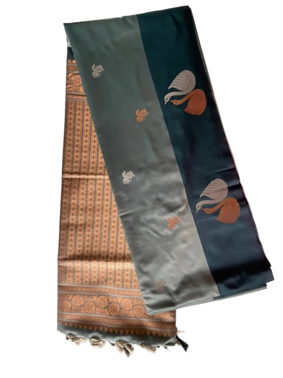 Shades of Green Soft Silk Saree with Gold Swan Buttas & Antique Gold Pallu
