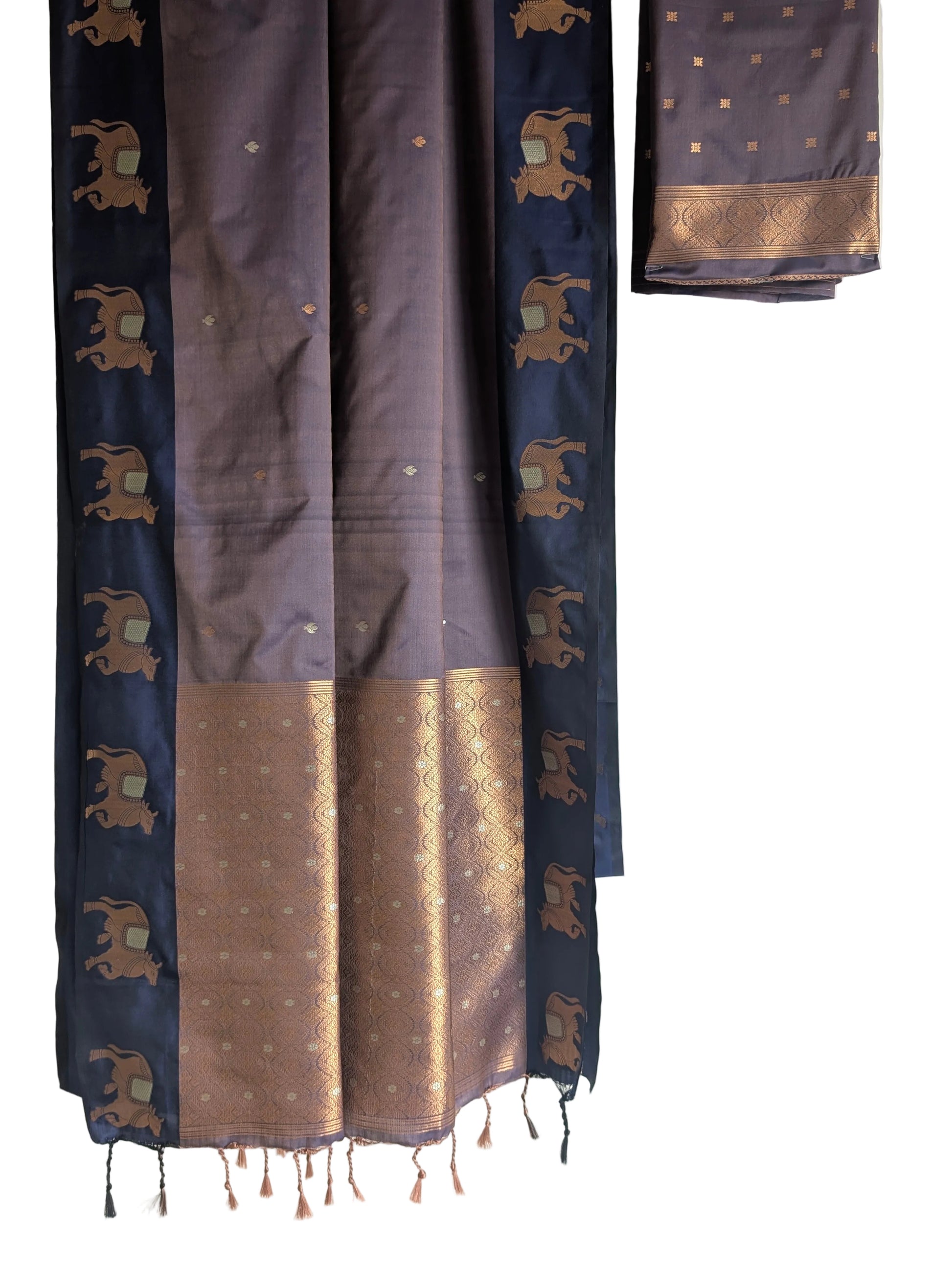 Blue & Mauve Dual-Tone Silk Saree with Gold Cow Border & Antique Bronze Pallu