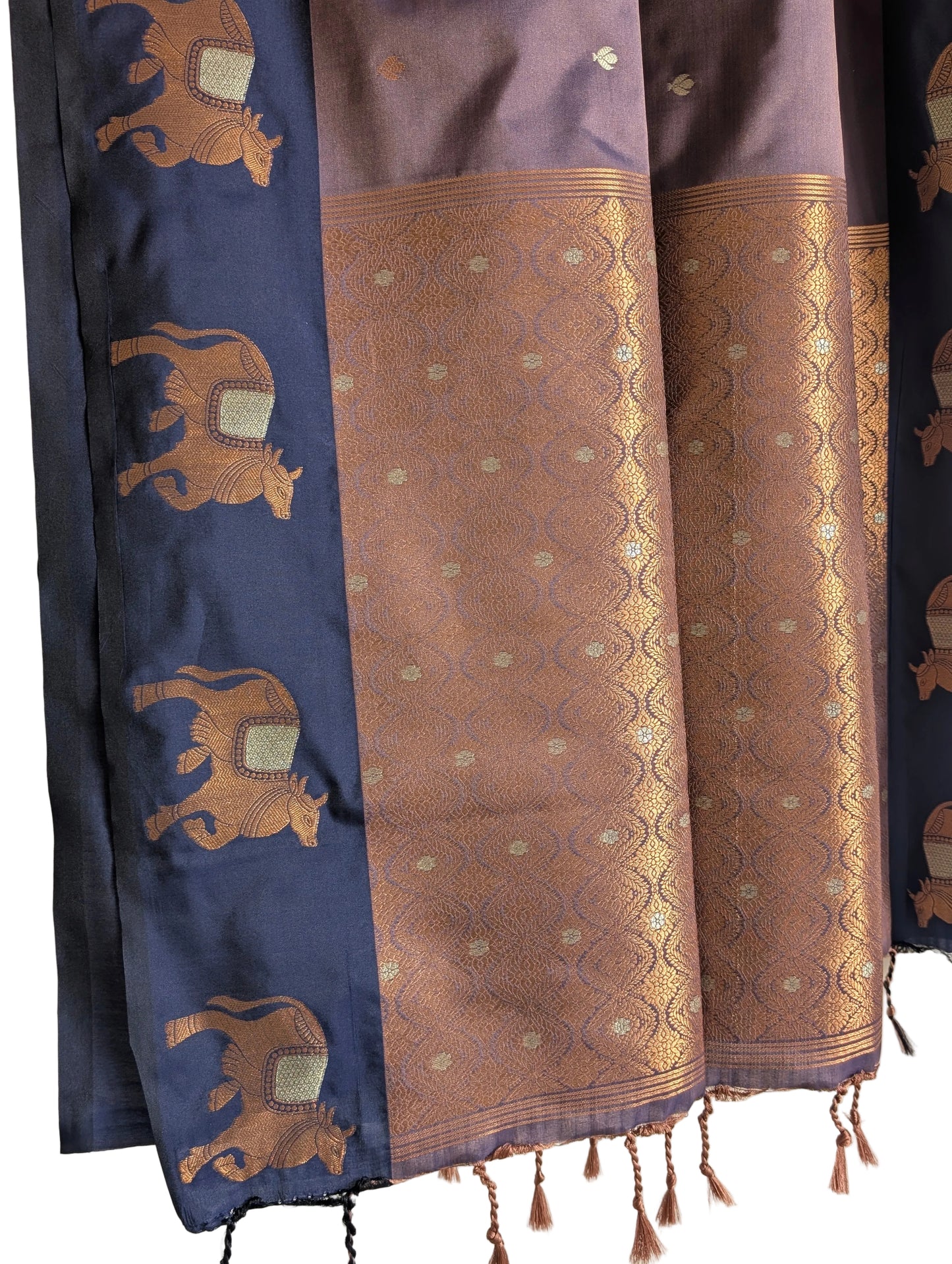 Blue & Mauve Dual-Tone Silk Saree with Gold Cow Border & Antique Bronze Pallu