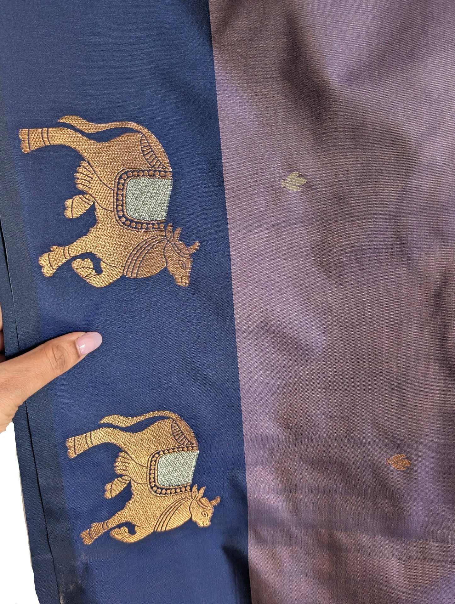 Blue & Mauve Dual-Tone Silk Saree with Gold Cow Border & Antique Bronze Pallu
