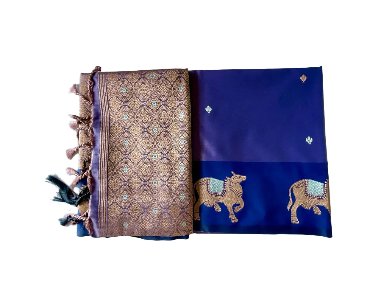 Blue & Mauve Dual-Tone Silk Saree with Gold Cow Border & Antique Bronze Pallu