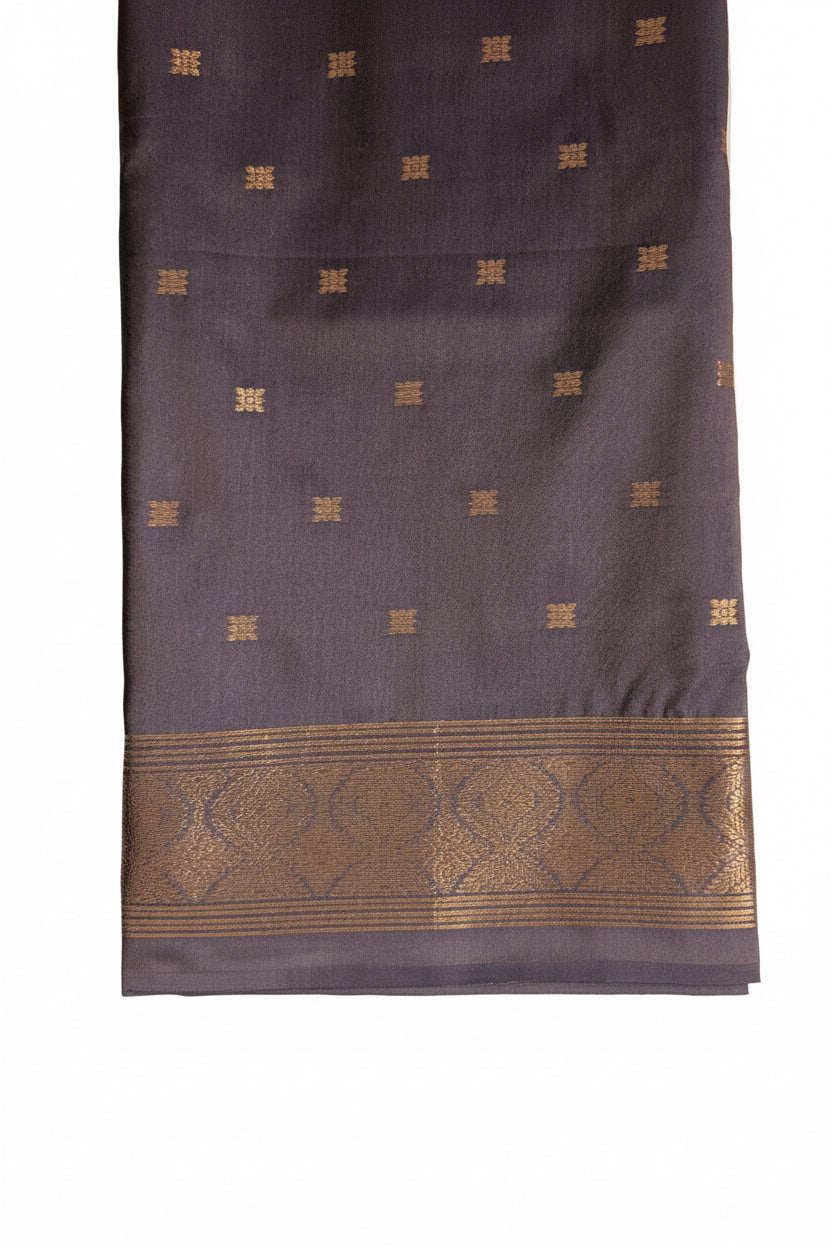 Blue & Mauve Dual-Tone Silk Saree with Gold Cow Border & Antique Bronze Pallu
