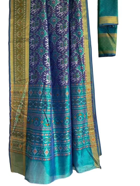 Blue & Teal Patola Silk Saree with Ikat Print