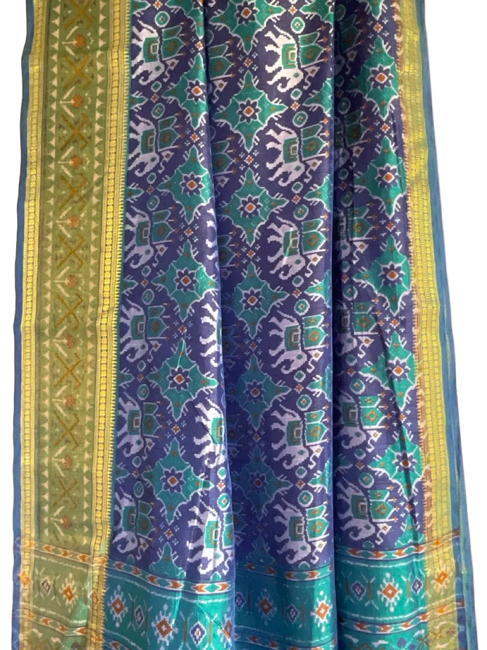 Blue & Teal Patola Silk Saree with Elephant Ikat Print & Olive Zari Border