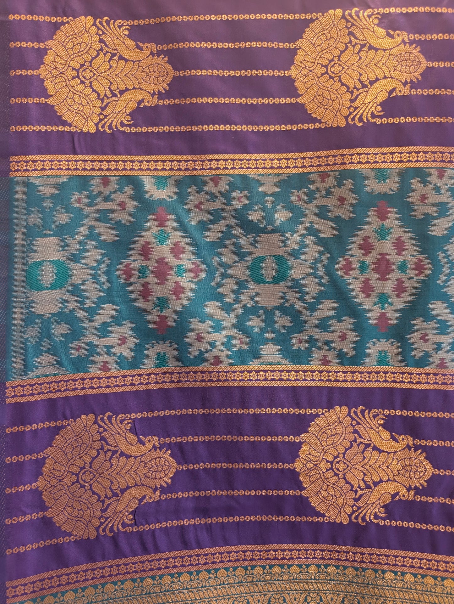 Teal & Purple Patola Silk Saree with Gold Zari Peacock