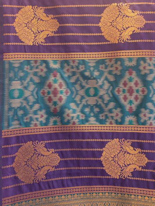 Teal & Purple Patola Silk Saree with Gold Zari Peacock