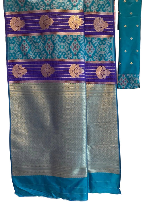 Teal & Purple Patola Silk Saree with Gold Zari Peacock
