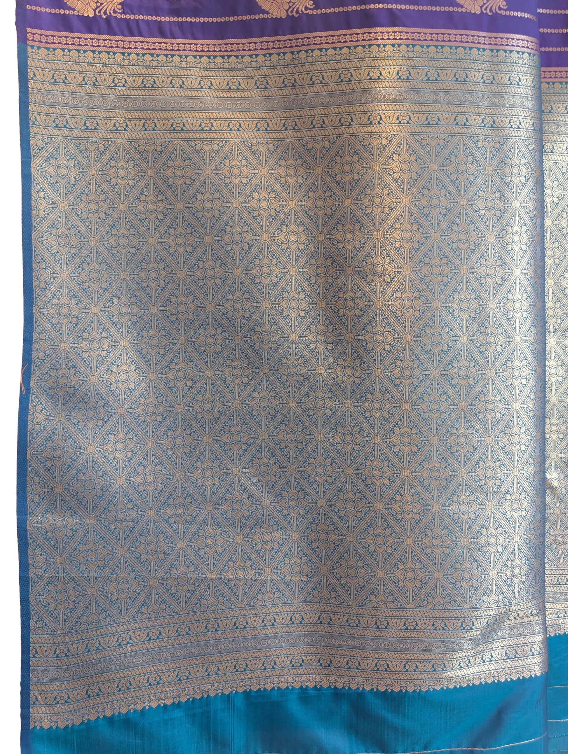Teal & Purple Patola Silk Saree with Gold Zari Peacock