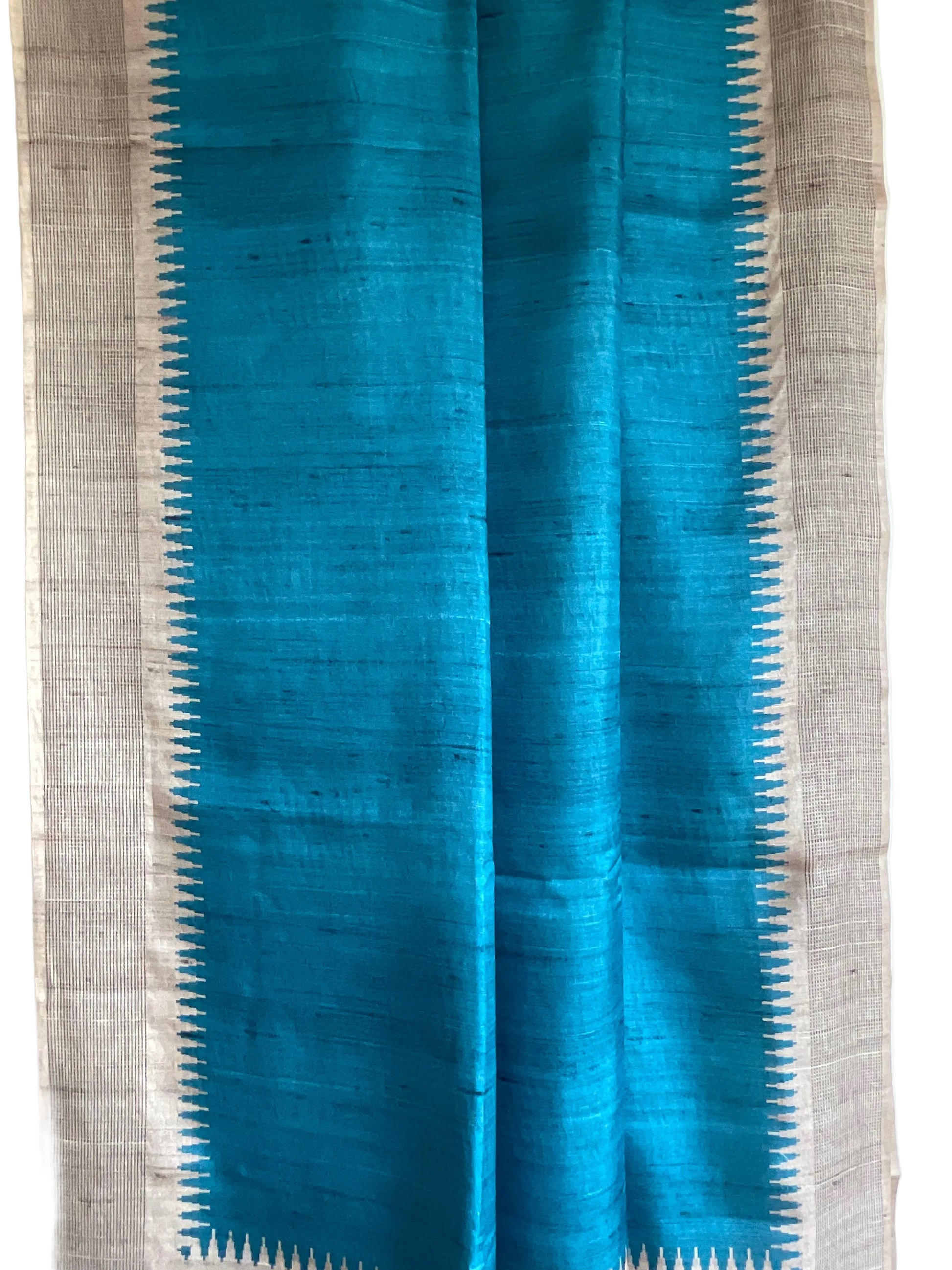 Blue Tussar Silk Saree with Natural Beige Pallu & Temple Border