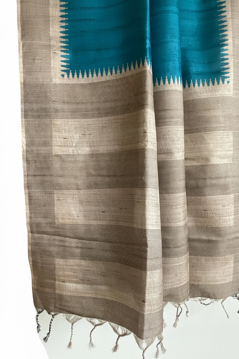 Blue Tussar Silk Saree with Natural Beige Pallu & Temple Border