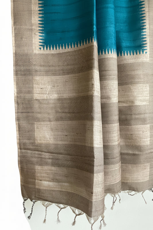 Blue Tussar Silk Saree with Natural Beige Pallu & Temple Border