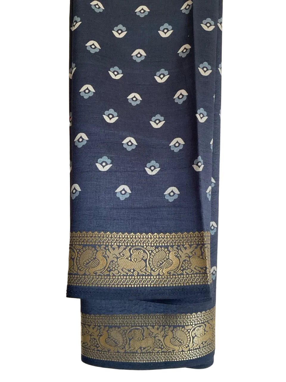 Blue Silk Saree with White Floral Kalash Butis & Gold Peacock Zari Border