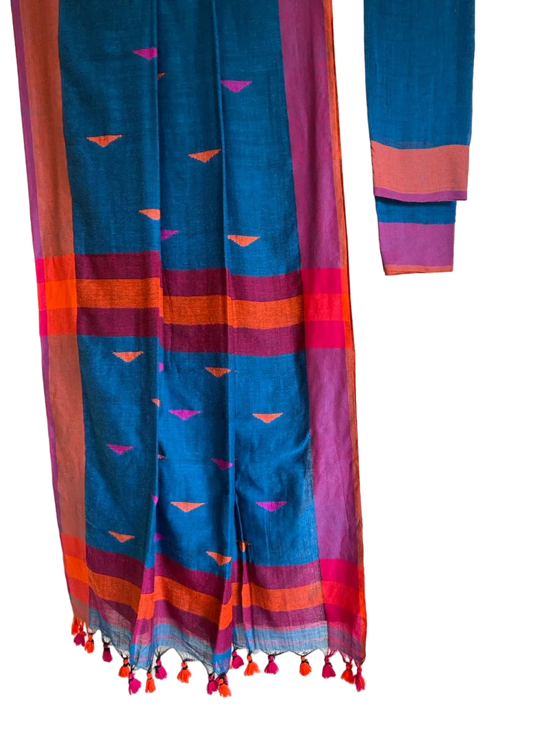 Blue Jute Cotton Multicolor Saree