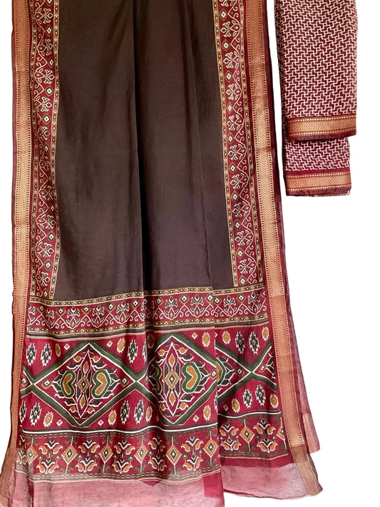 Dark Brown Saree with Crimson Patola Ikat Border