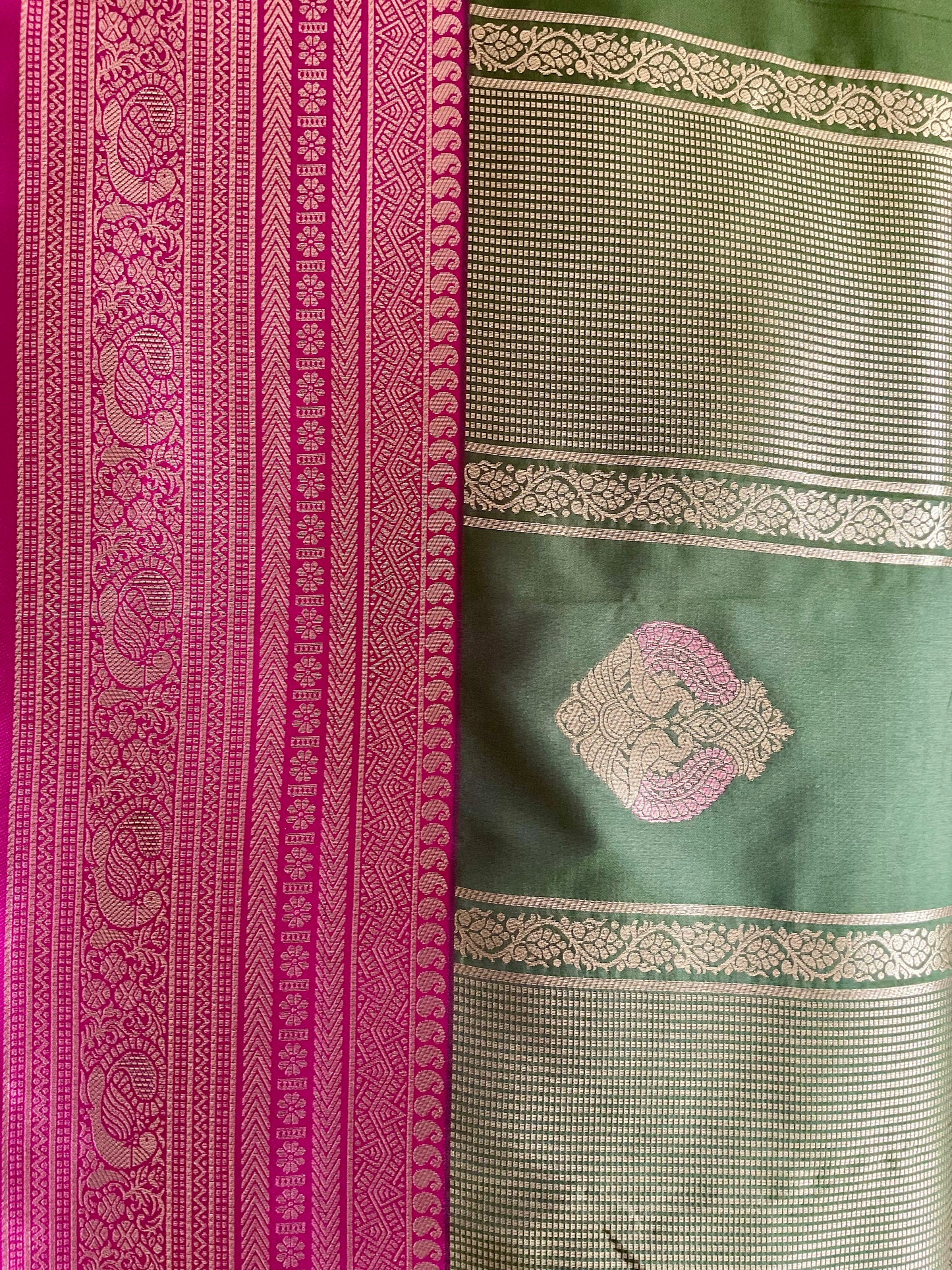 Green & Pink Kanjivaram Silk Saree with Gold Diamond Buttas & Heavy Zari Pallu