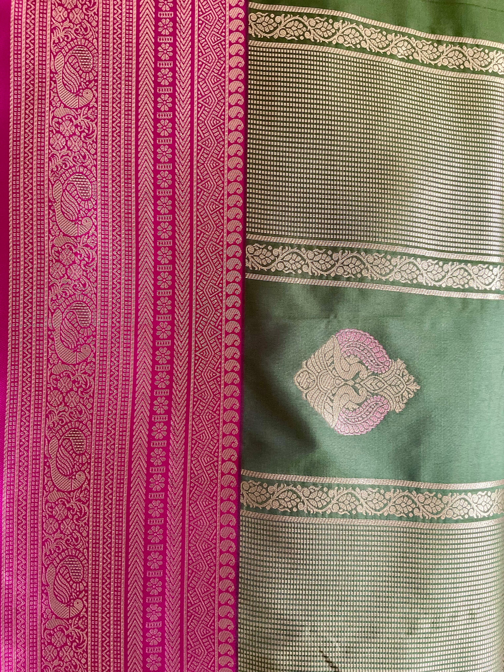 Green & Pink Kanjivaram Silk Saree with Gold Diamond Buttas & Heavy Zari Pallu