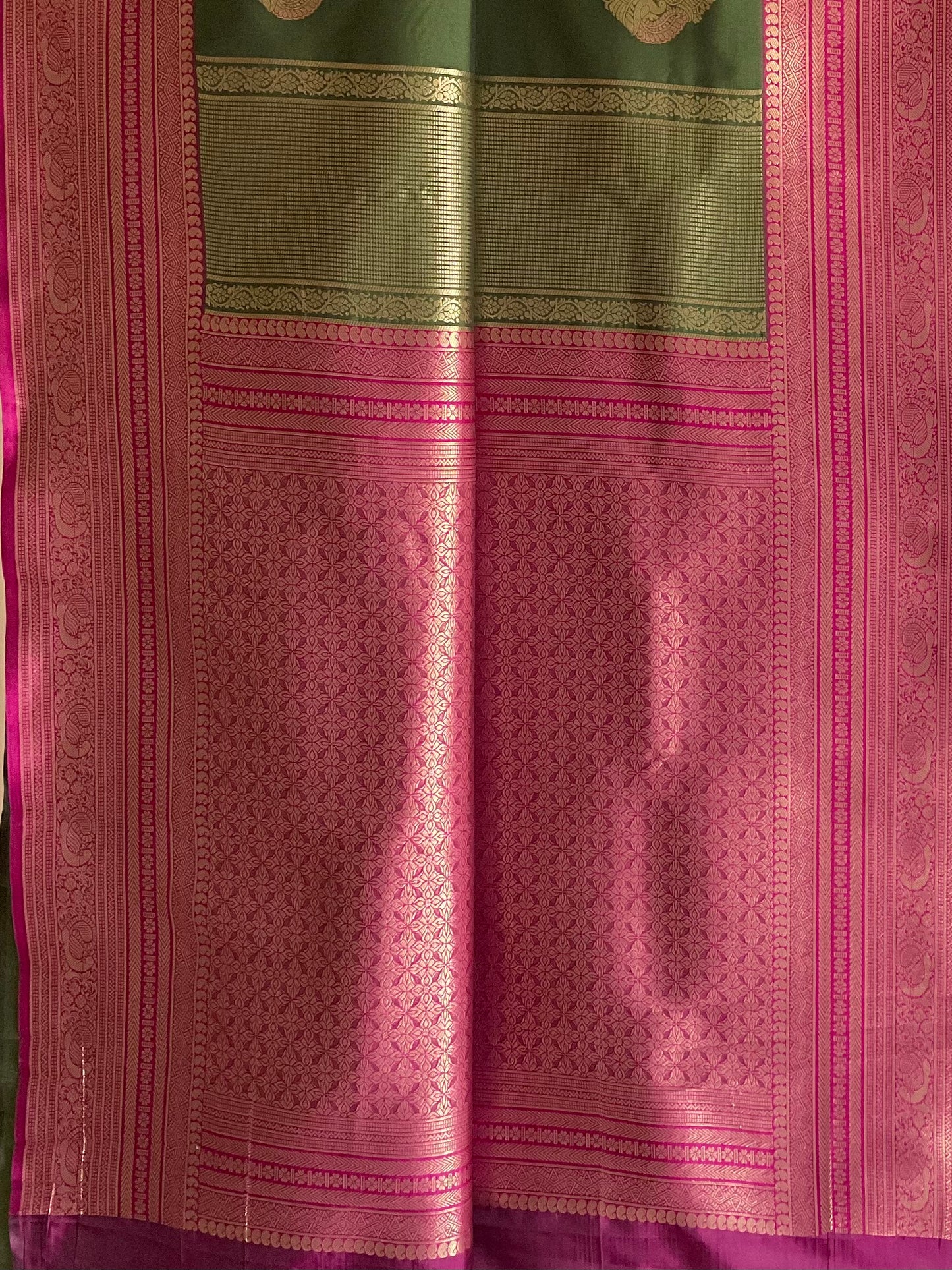 Green & Pink Kanjivaram Silk Saree with Gold Diamond Buttas & Heavy Zari Pallu