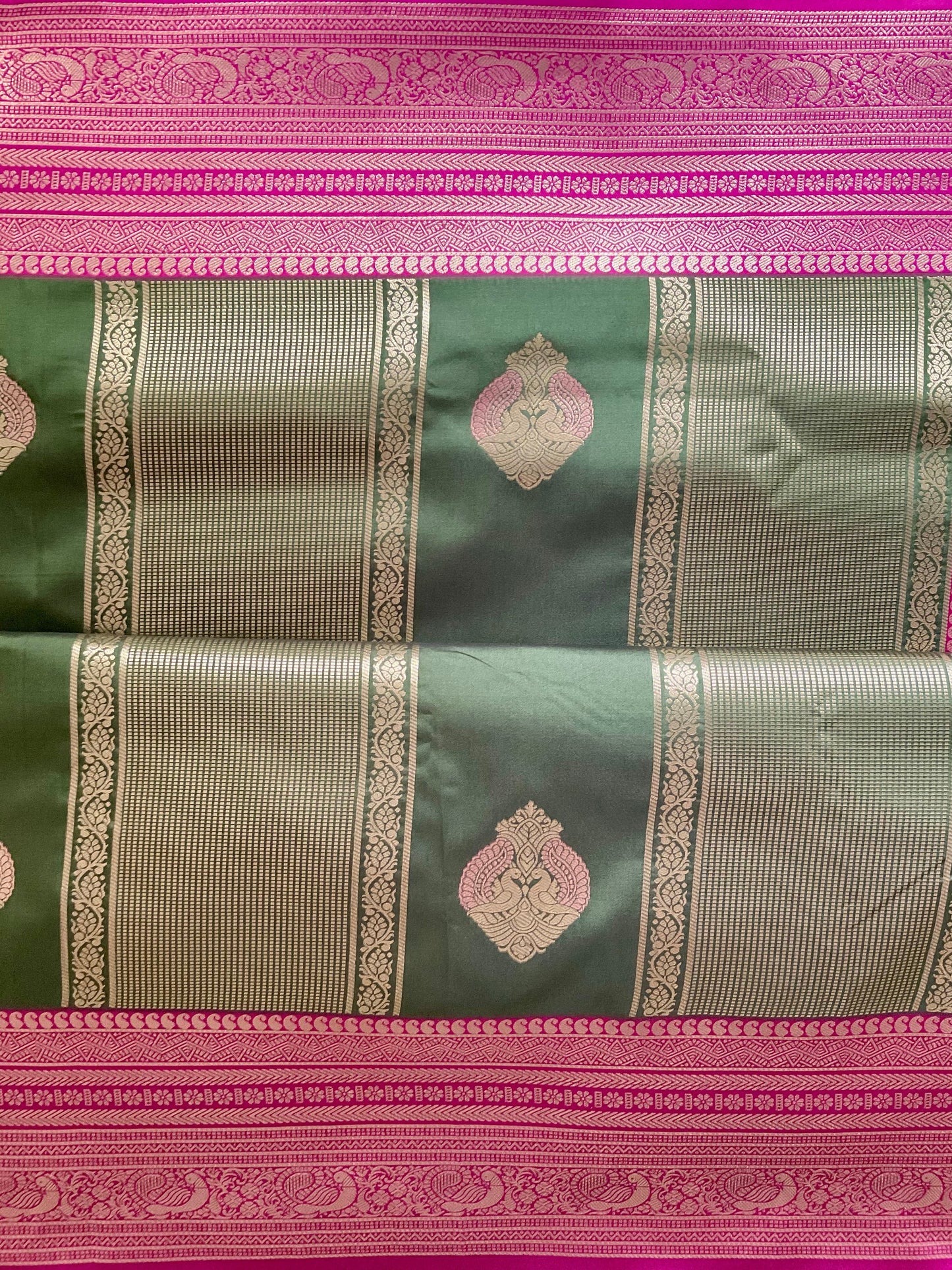 Green & Pink Kanjivaram Silk Saree with Gold Diamond Buttas & Heavy Zari Pallu