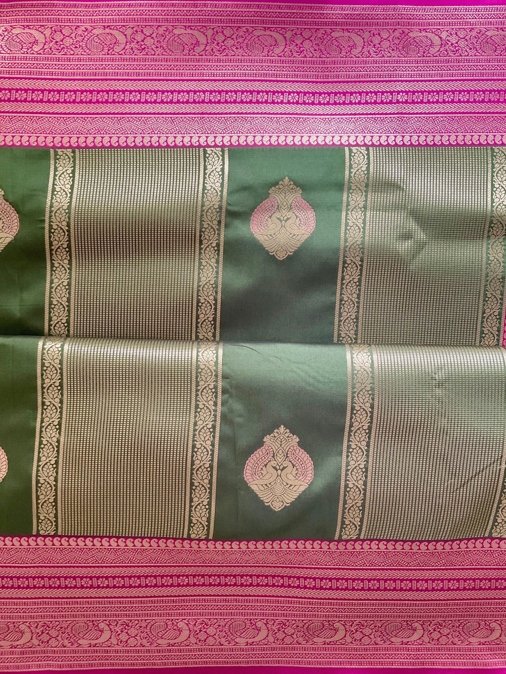 Green & Pink Kanjivaram Silk Saree with Gold Diamond Buttas & Heavy Zari Pallu