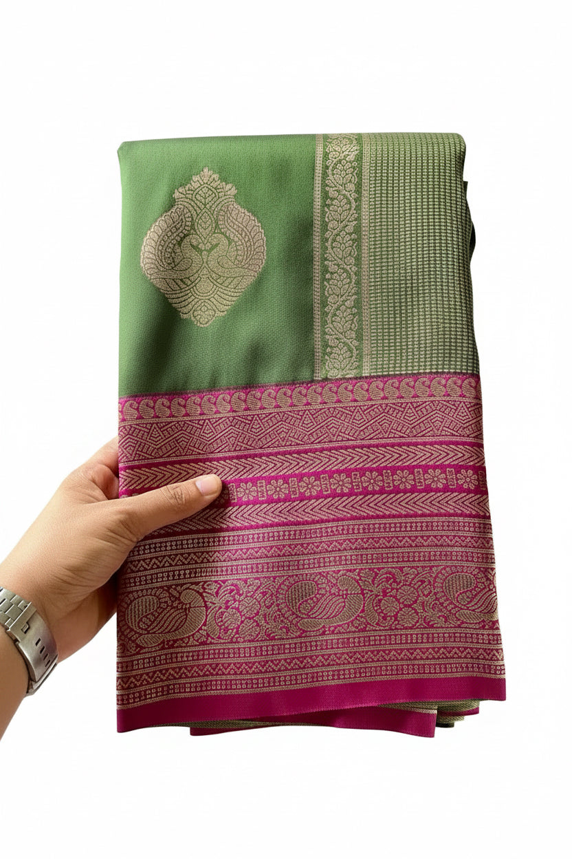Green & Pink Kanjivaram Silk Saree with Gold Diamond Buttas & Heavy Zari Pallu