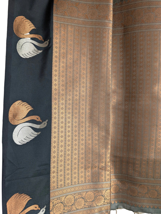 Shades of Green Soft Silk Saree with Gold Swan Buttas & Antique Gold Pallu