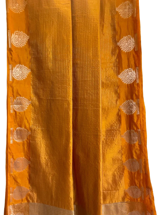Yellow Tissue Silk Saree with Silver Zari Butis & Gold Tassel Border