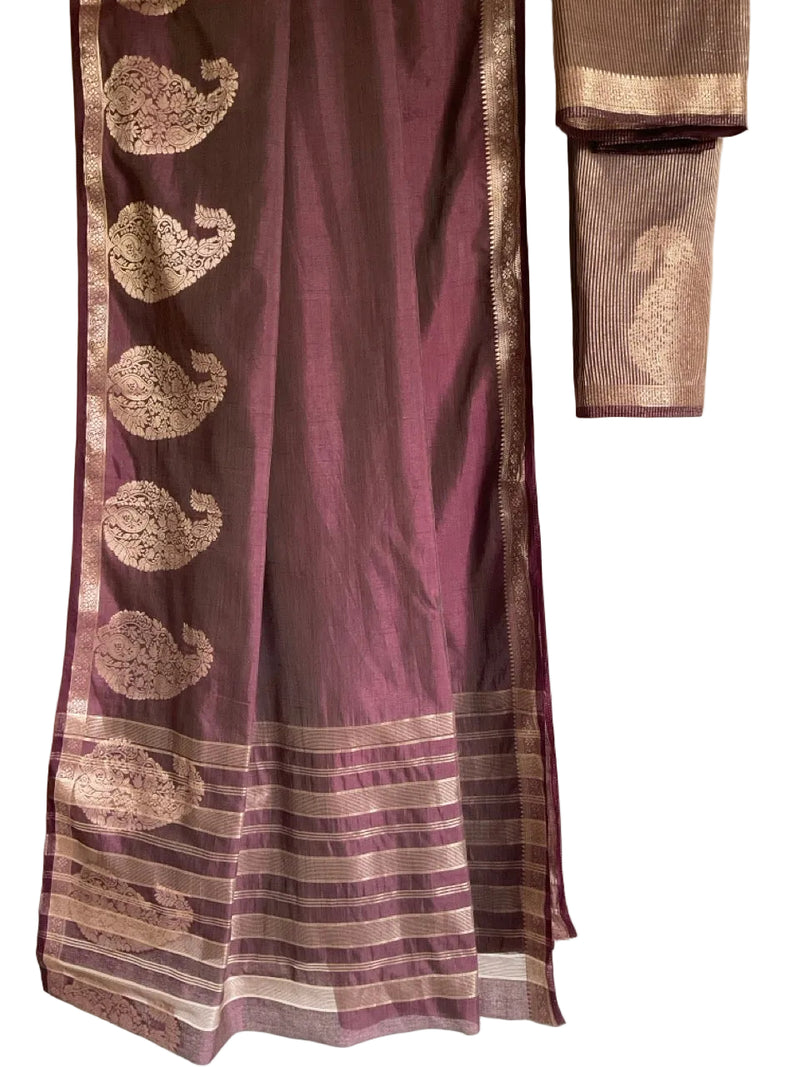 Purple Soft Silk Saree with Golden Paisley Motifs & Zari Border