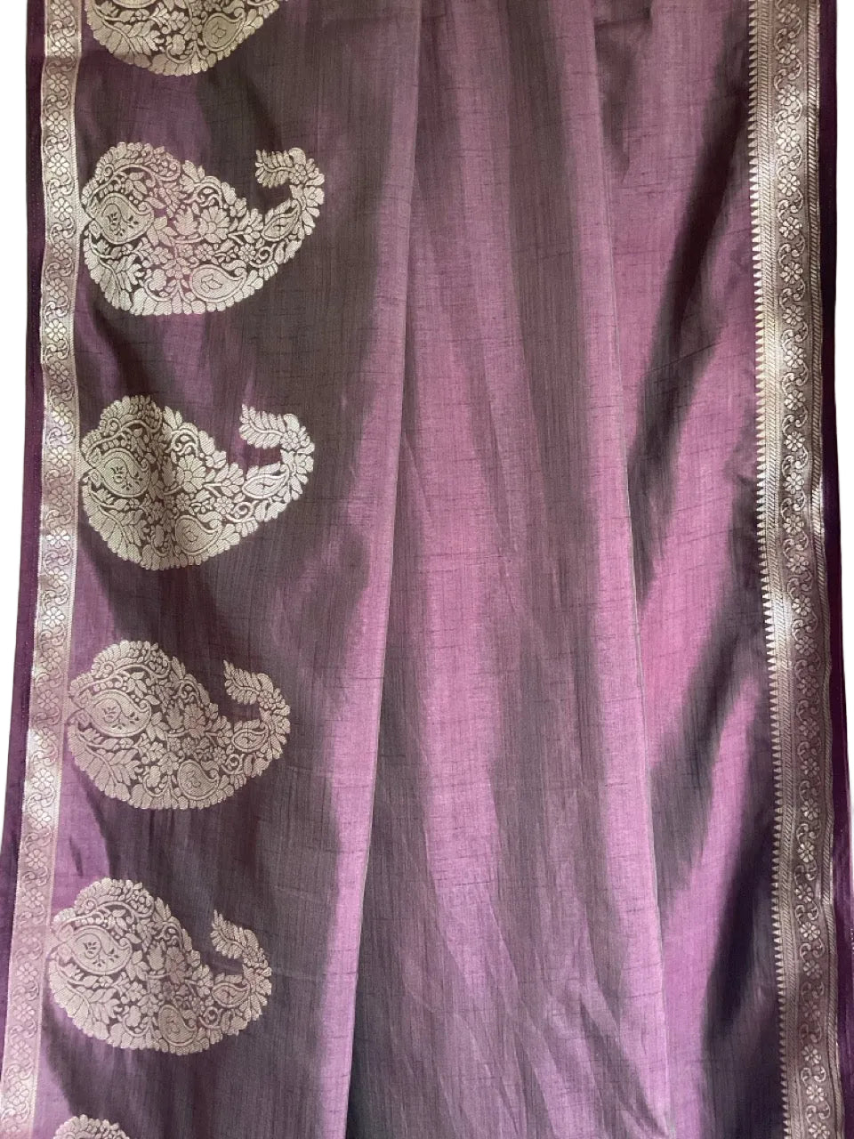 Purple Soft Silk Saree with Golden Paisley Motifs & Zari Border