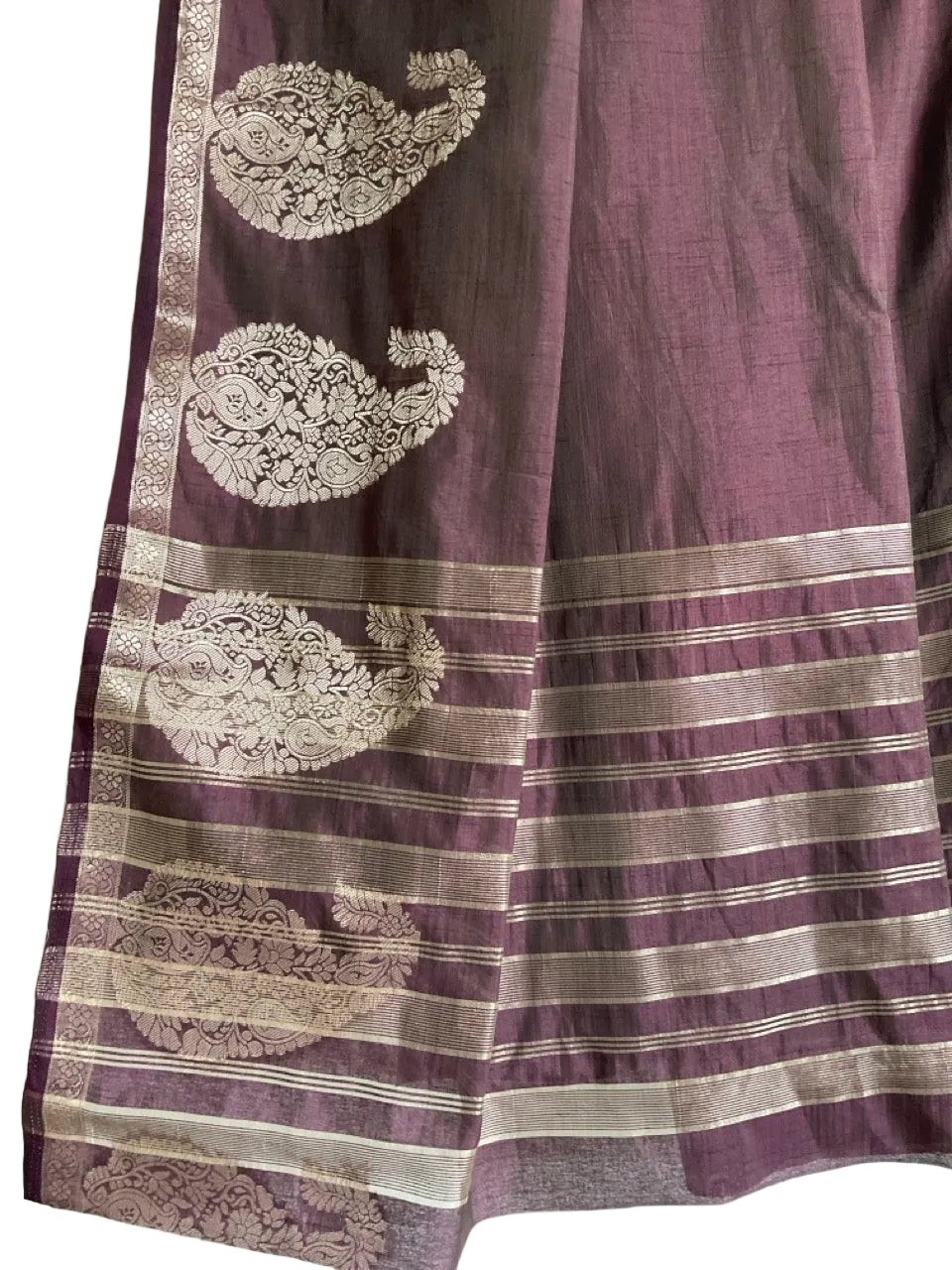 Purple Soft Silk Saree with Golden Paisley Motifs & Zari Border