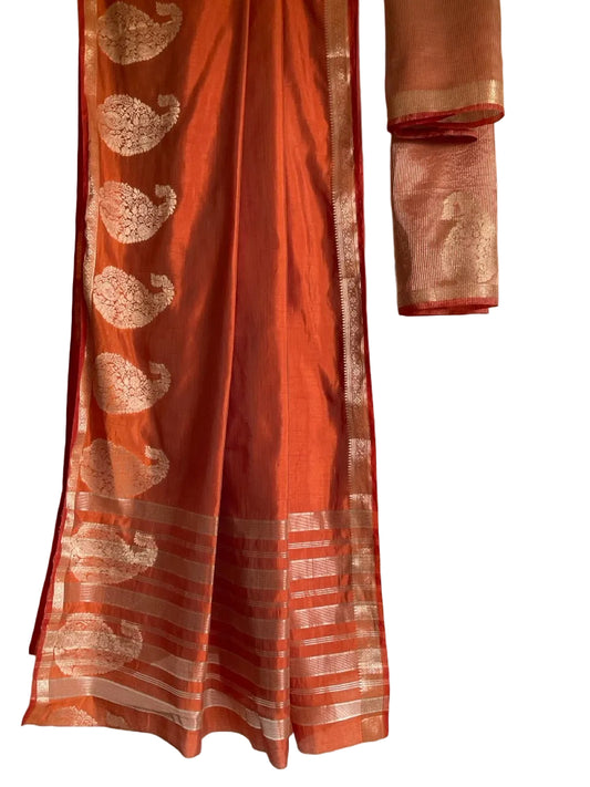 Orange saree with gold mango motifs 
