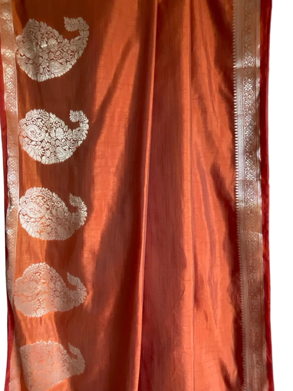 Rust Orange Soft Silk Saree with Golden Paisley Motifs & Zari Border