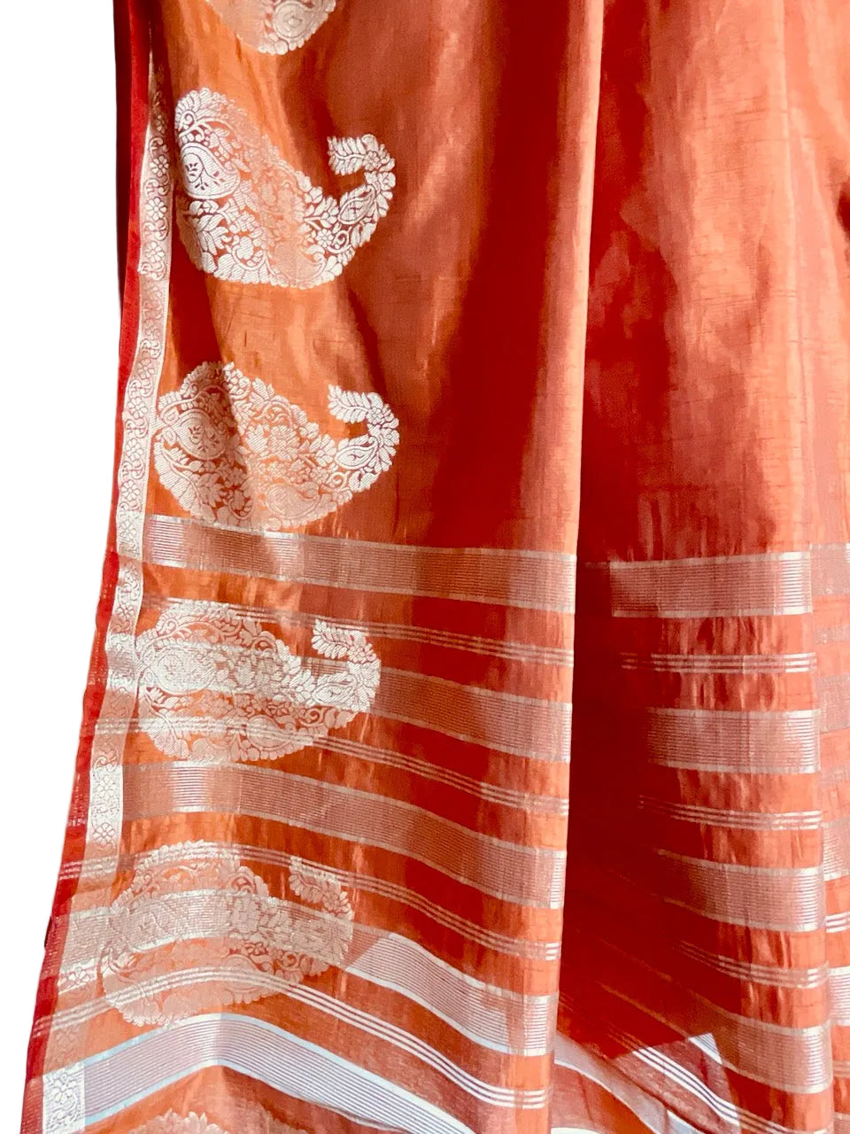 Rust Orange Soft Silk Saree with Golden Paisley Motifs & Zari Border