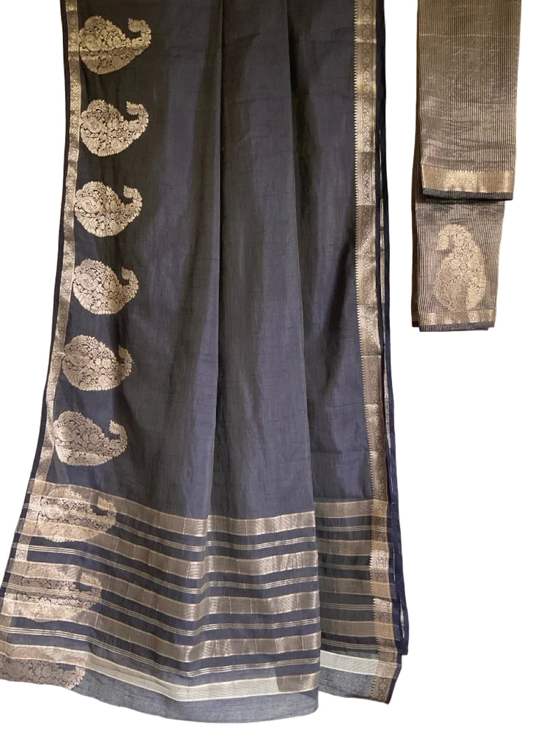 Navy Blue Soft Silk Saree with Golden Paisley Motifs & Zari Border