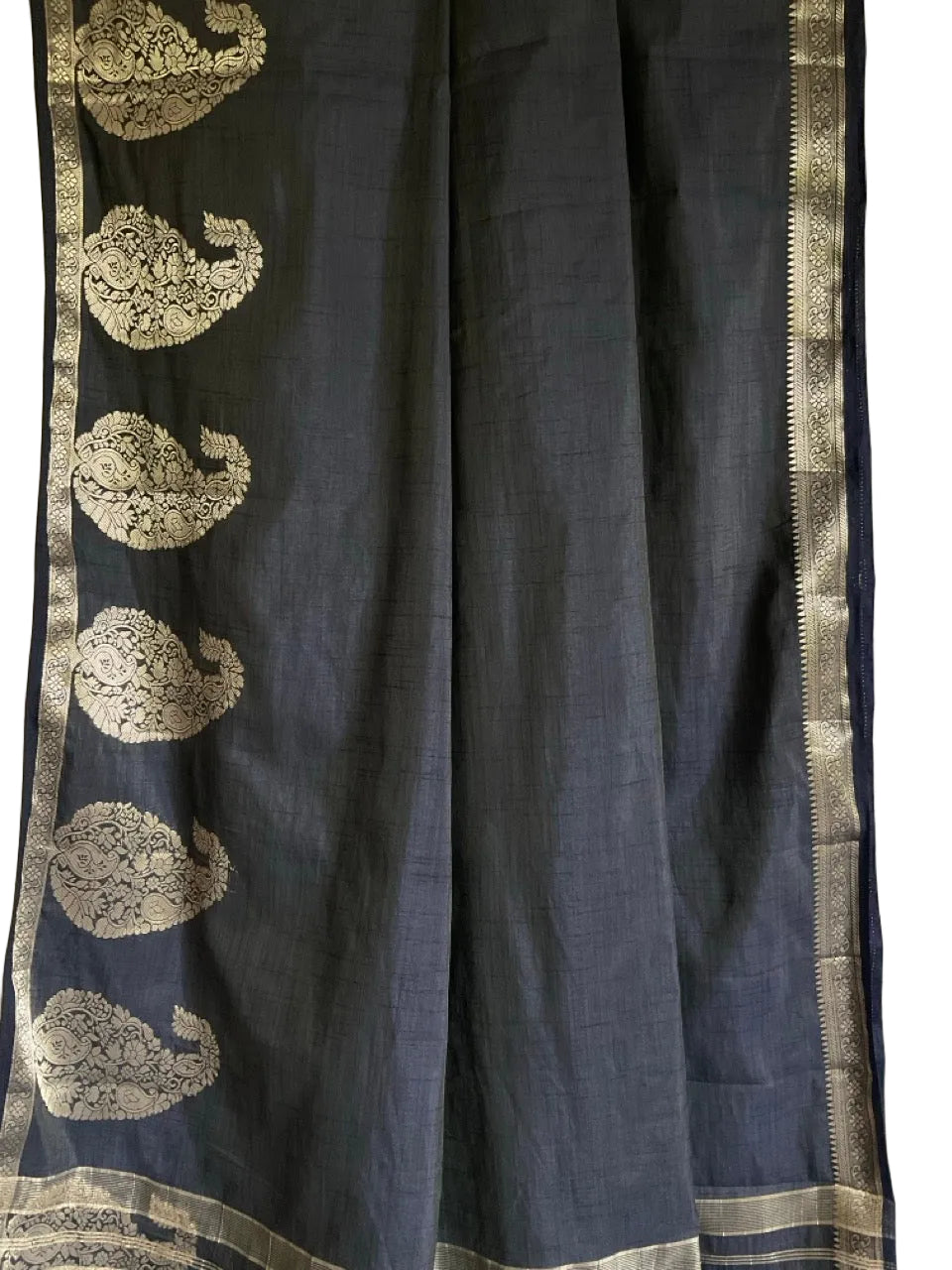 Navy Blue Soft Silk Saree with Golden Paisley Motifs & Zari Border