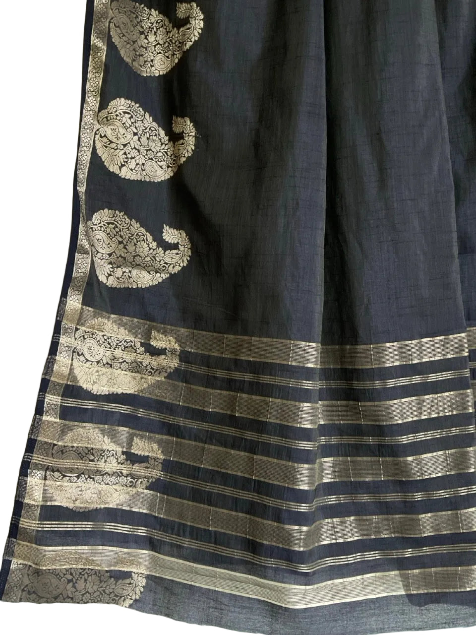 Navy Blue Soft Silk Saree with Golden Paisley Motifs & Zari Border
