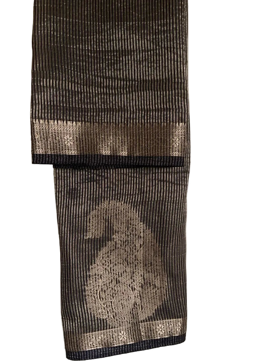 Navy Blue Soft Silk Saree with Golden Paisley Motifs & Zari Border